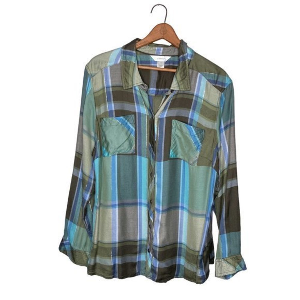 CJ Banks 1X Green Turquoise Metallic Plaid‎ Modal Button Front Top Shirt Plus